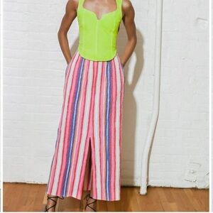 Mara Hoffman Alba Maxi Skirt Crinkle Pleated Rainbow Stripe Front Slit Pockets M